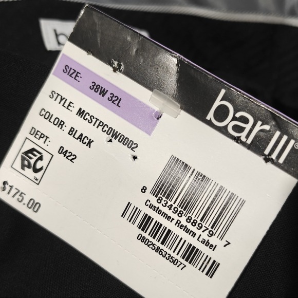 Bar‎ III Men's Dress Pants Trousers Black Wool Blend Size 38 x 32 NEW - Picture 8 of 10